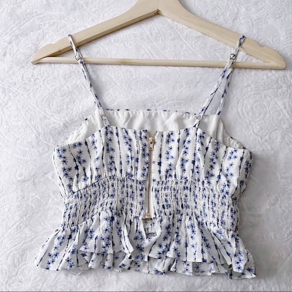 Blue + White Floral Print Smocked Waist Cropped Camisole - Picture 8 of 9